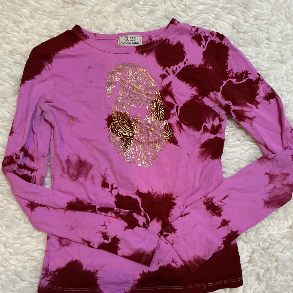 GUESS Tie Dye‎ Long Sleeve Shirt Pink Burgundy Gold Paisley Graphic Size L